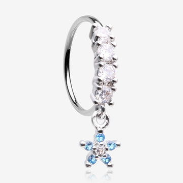 Magnificent Flower Sparkle Dangle Multi-Gem Lined Bendable Hoop Ring-Blue/Clear Gem